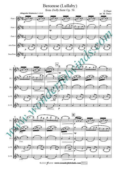 Faure - Berceuse from the dolly suite - for 5 flutes Digital Download