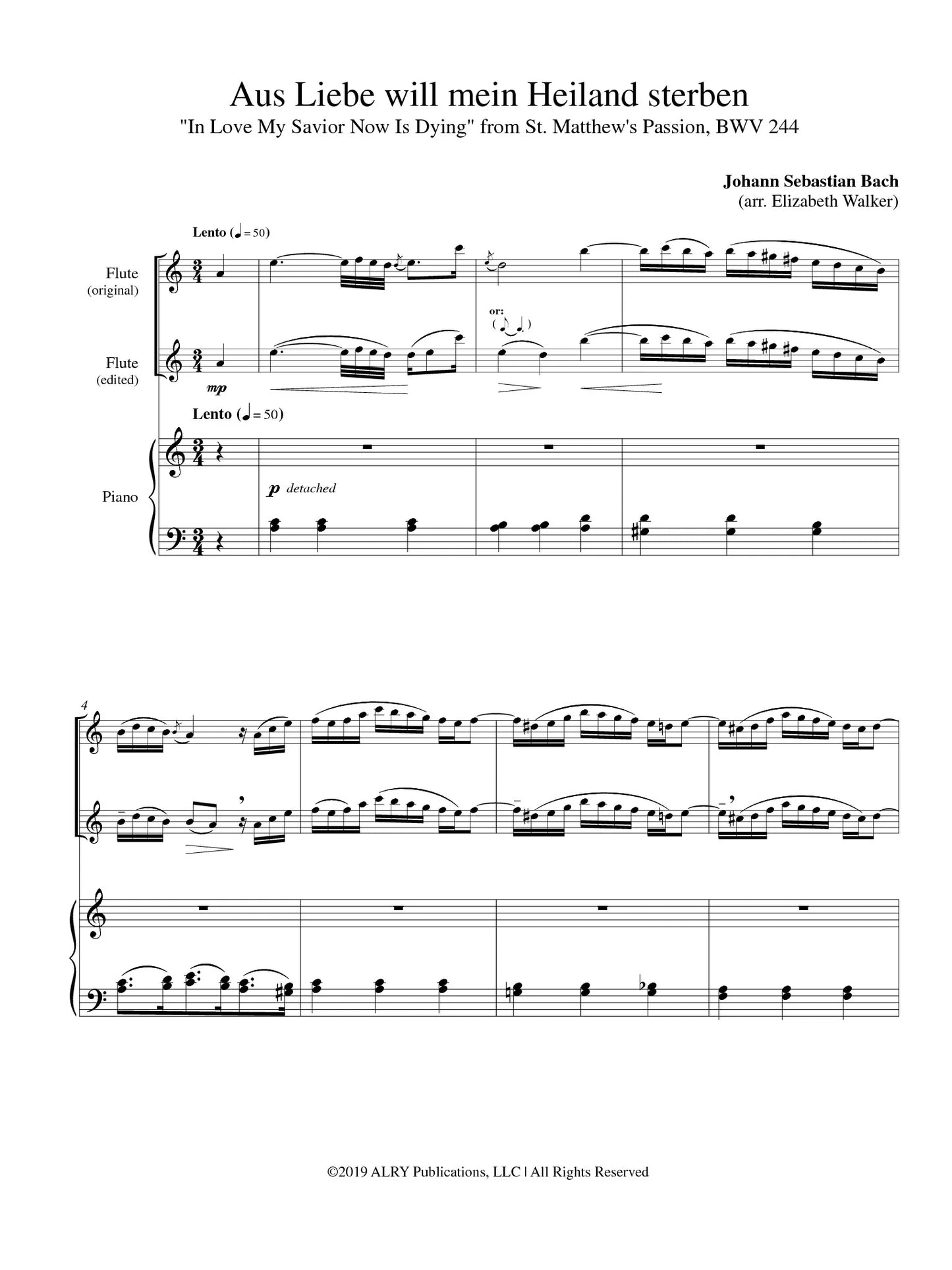 Bach (arr. Walker) - Aus Liebe will mein Heiland sterben for Flute and Piano