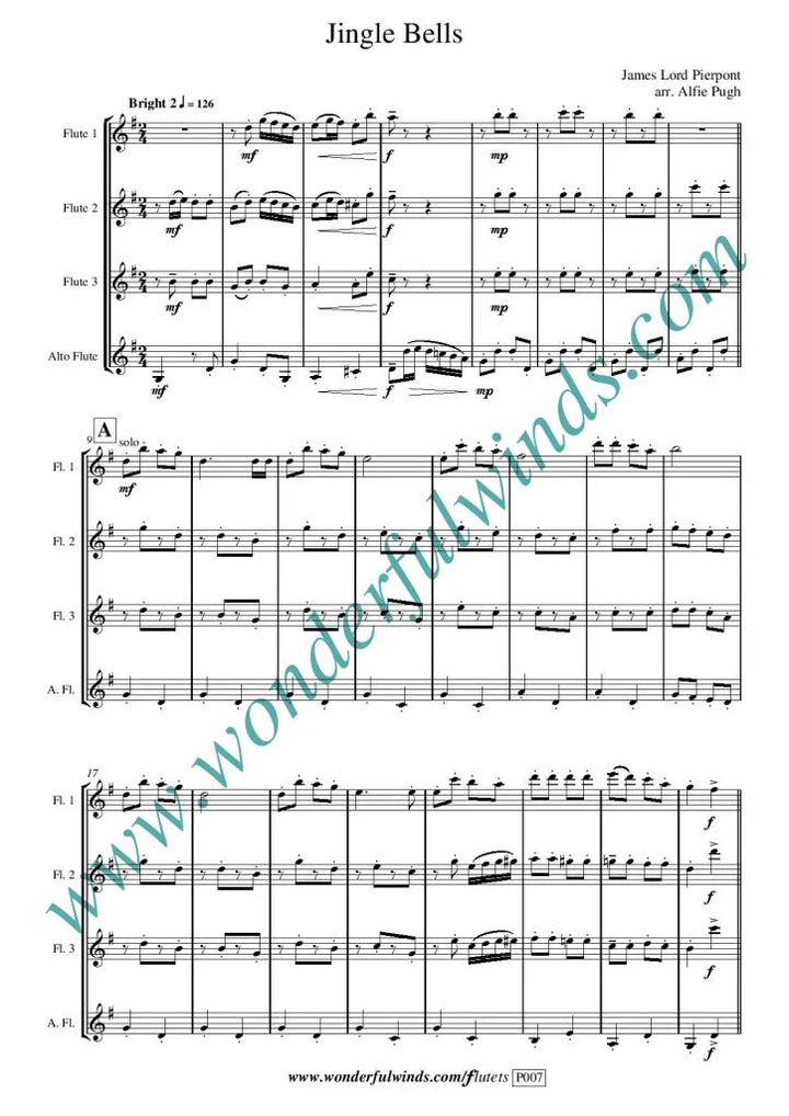 Pierpoint, J.L. - Jingle Bells -   for flute quartet (3 C flutes 1 alto)-   Digital Download