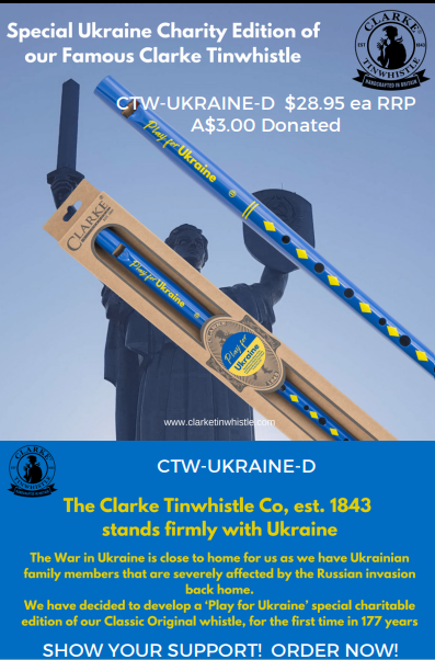 CTW-UKRAINE-D, CLARKE ORIGINAL TIN WHISTLE, KEY OF D, BLUE/GOLD FINISH