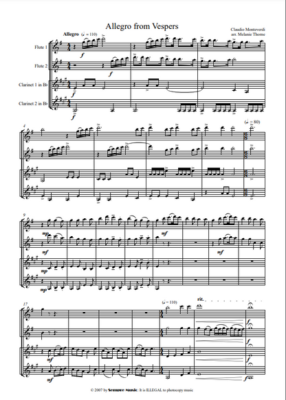 Monteverdi, Arr Thorne, Melanie  - Allegro from Vespers -  flute quartet - Digital Download