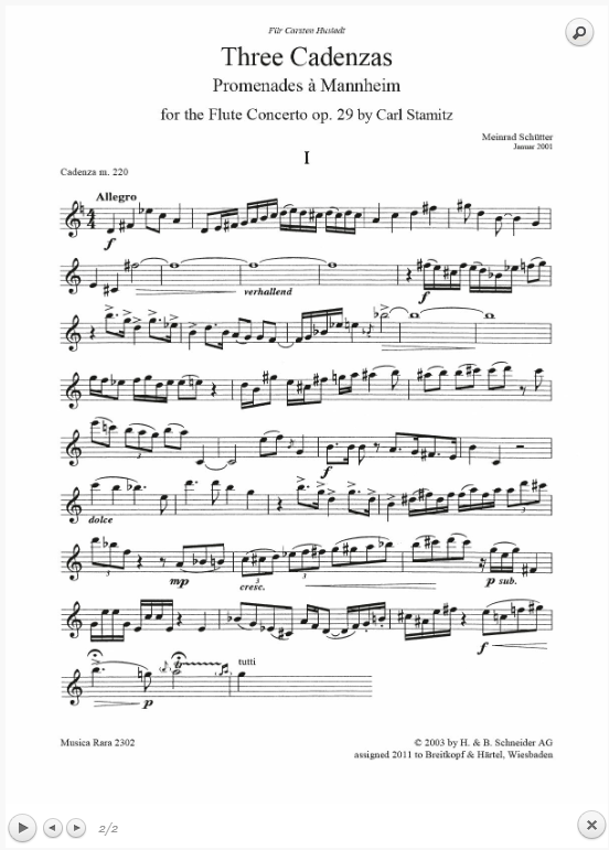 Schütter Meinrad - (1910–2006) 3 Cadenzas “Promenades à Mannheim” to the Flute Concerto in G major Op. 29 by Carl Stamitz [fl] 2001 - DIGITAL EDITION)