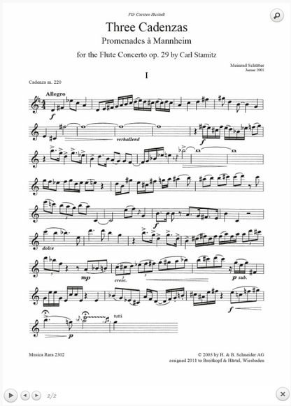 Schütter Meinrad - (1910–2006) 3 Cadenzas “Promenades à Mannheim” to the Flute Concerto in G major Op. 29 by Carl Stamitz [fl] 2001 - DIGITAL EDITION)