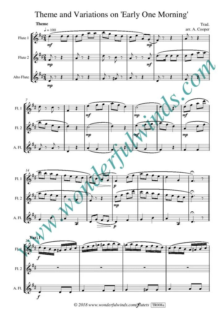 Trad: Theme/Variations - Early One Morning for three mixed flutes - Digital Download