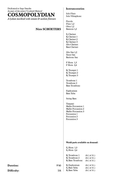 Schoeters - Cosmopolydian for Flute/Piccolo, Vibraphone and Wind Band