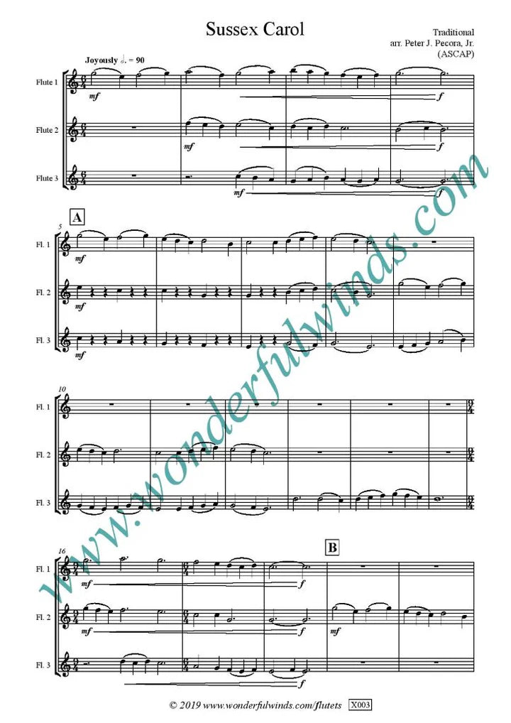Sussex Carol - Traditional -   for flute Trio (3 C flutes) -   Digital Download