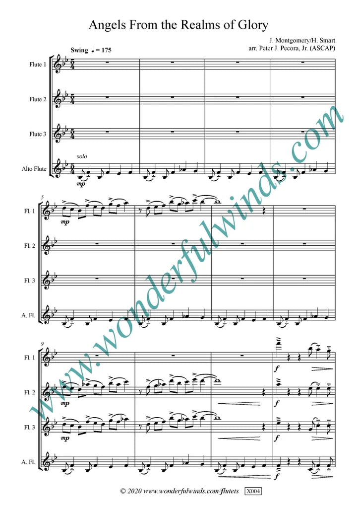 Angels From the Realms of Glory - Montgomery, J./Smart, H.- for flute quartet (3 C flutes and 1 alto)-   Digital Download