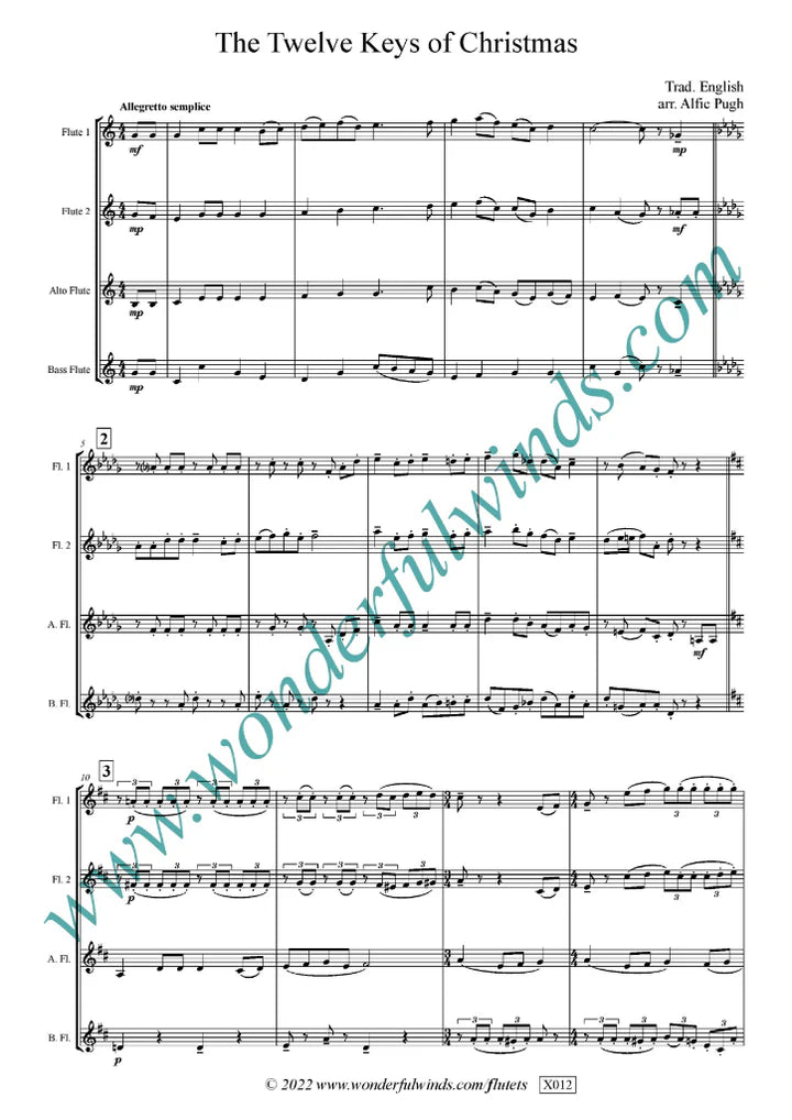 Trad. English/Pugh  - The Twelve Keys of Christmas - for flute quartet -   Digital Download