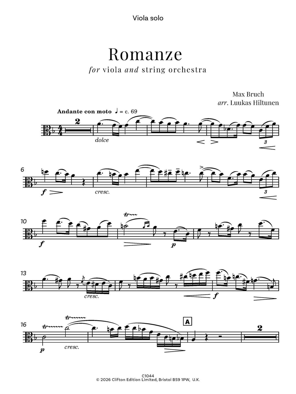 Max Bruch arr. Luukas Hiltunen - Romanze in F major, Op. 85 for Viola and string orchestra - Digital Download