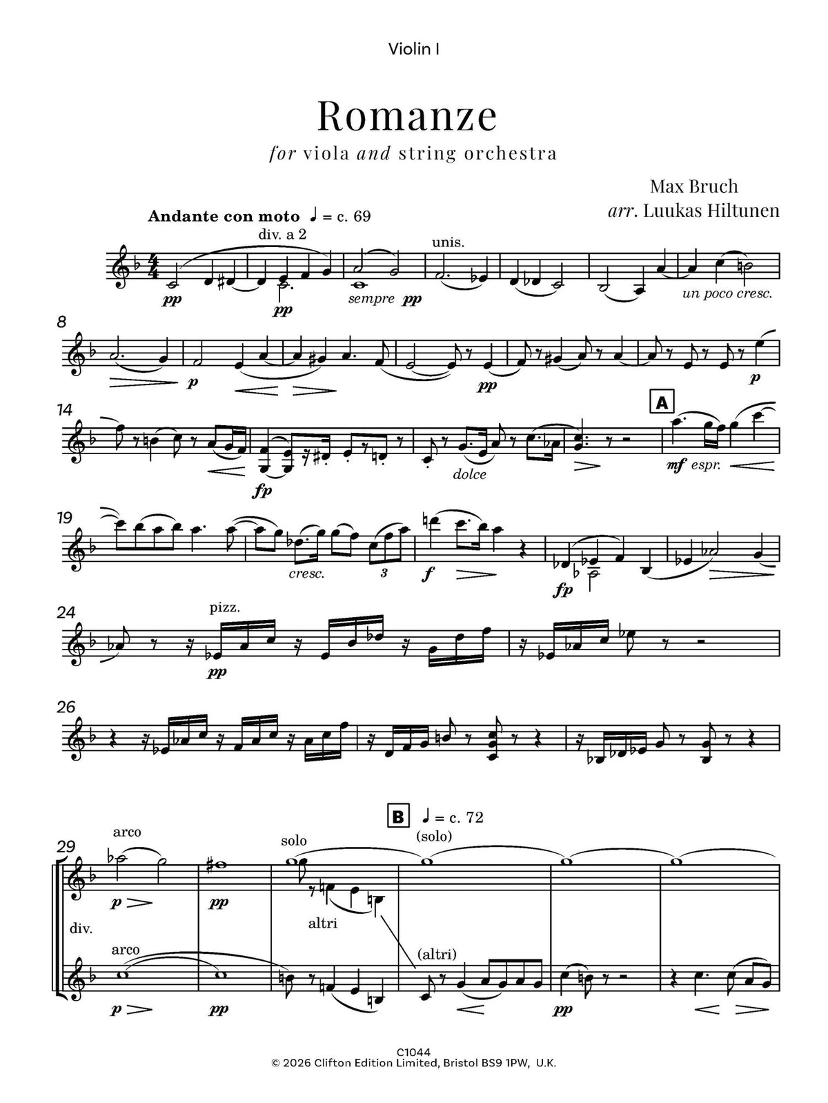 Max Bruch arr. Luukas Hiltunen - Romanze in F major, Op. 85 for Viola and string orchestra - Digital Download