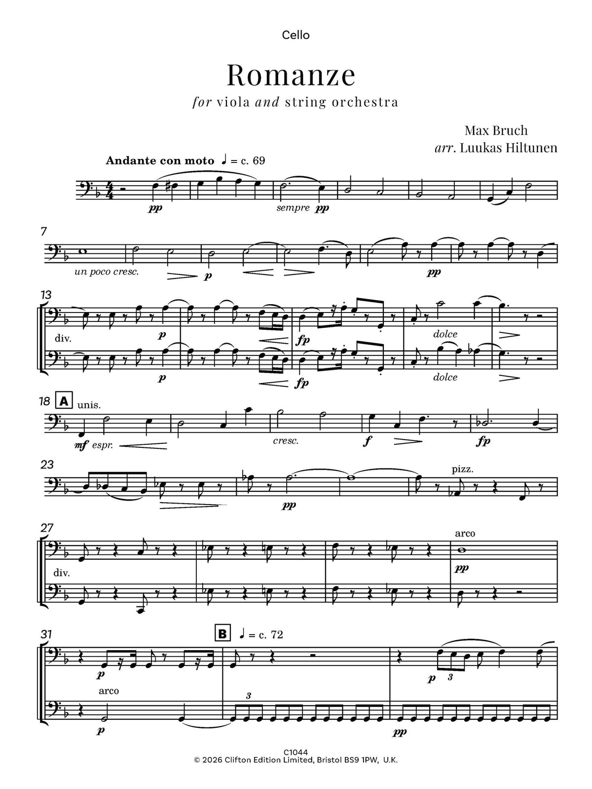 Max Bruch arr. Luukas Hiltunen - Romanze in F major, Op. 85 for Viola and string orchestra - Digital Download