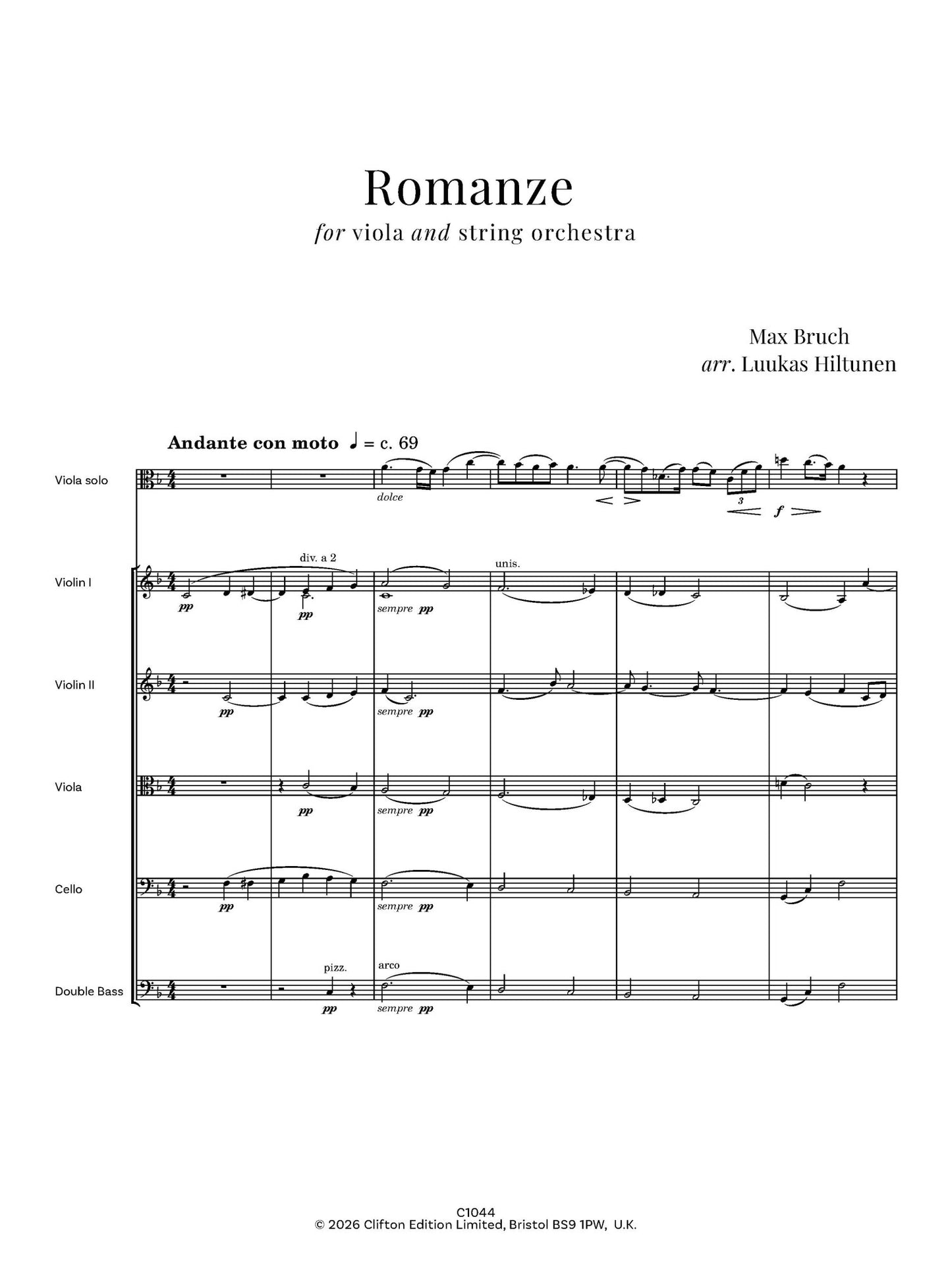 Max Bruch arr. Luukas Hiltunen - Romanze in F major, Op. 85 for Viola and string orchestra - Digital Download