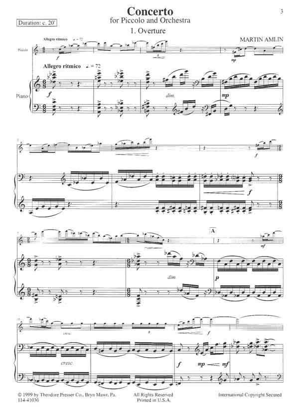 Amlin, Martin - Concerto For Piccolo and Orchestra (Piano Reduction)