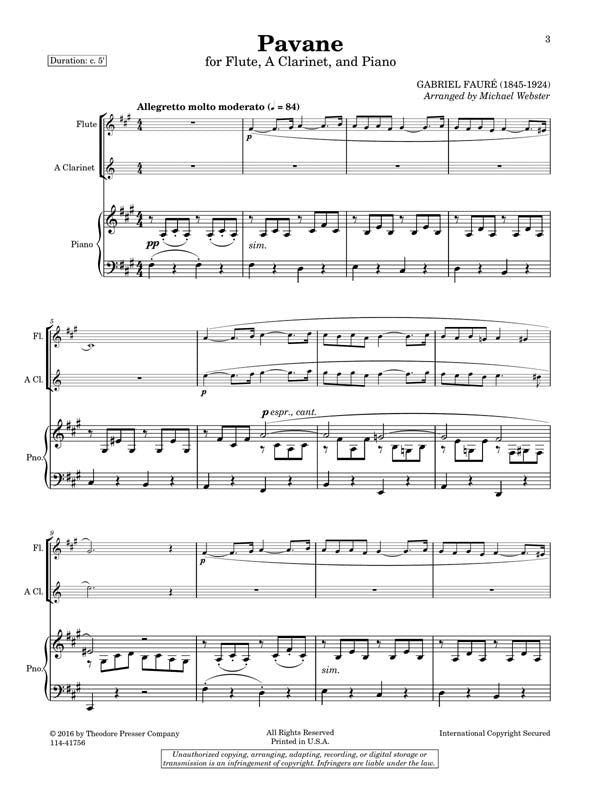 Faure- Pavane Op 50  for Clarinet, Flute and piano Arr Webster (Presser)