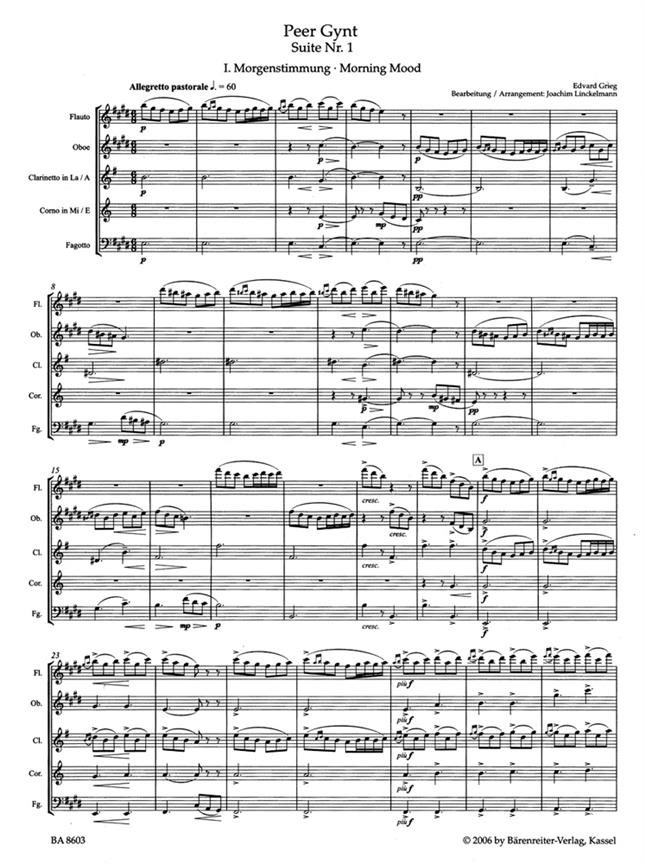 Grieg Edvard Hagerup	Peer Gynt Suite No.1 Op.46 arranged for Woodwind Quintet.