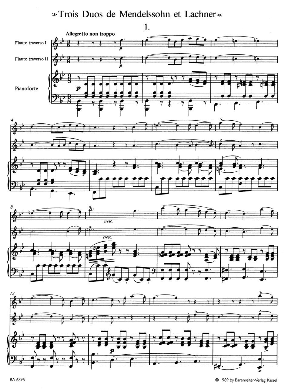 Boehm, T - "Trois Duos de Mendelssohn et Lachner" for Two Flutes and Piano op. 33