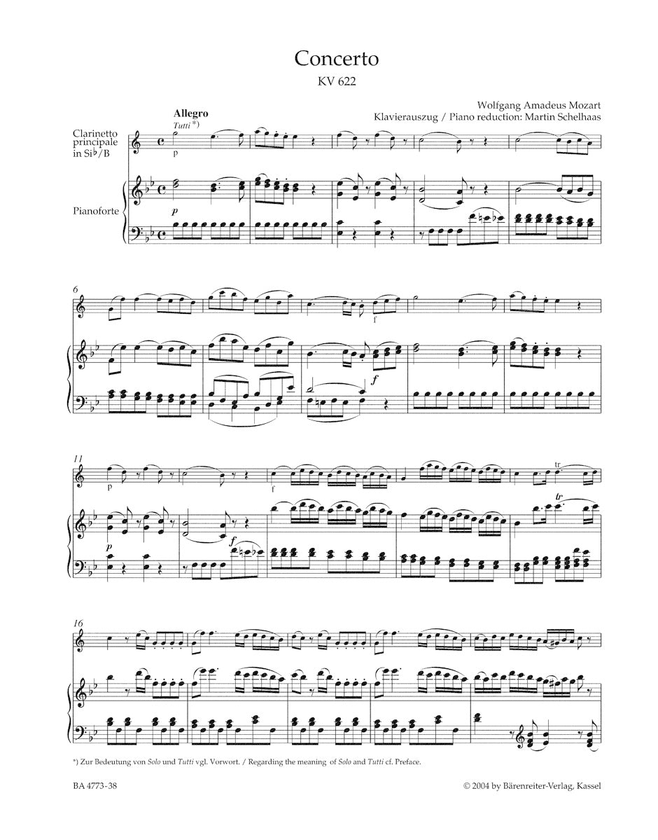 Mozart Wolfgang Amadeus -  Clarinet Concerto K 622 Version for Bb Clarinet & Piano